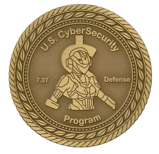 A gold colored coin with the words u. S. Cybersecurity program on it